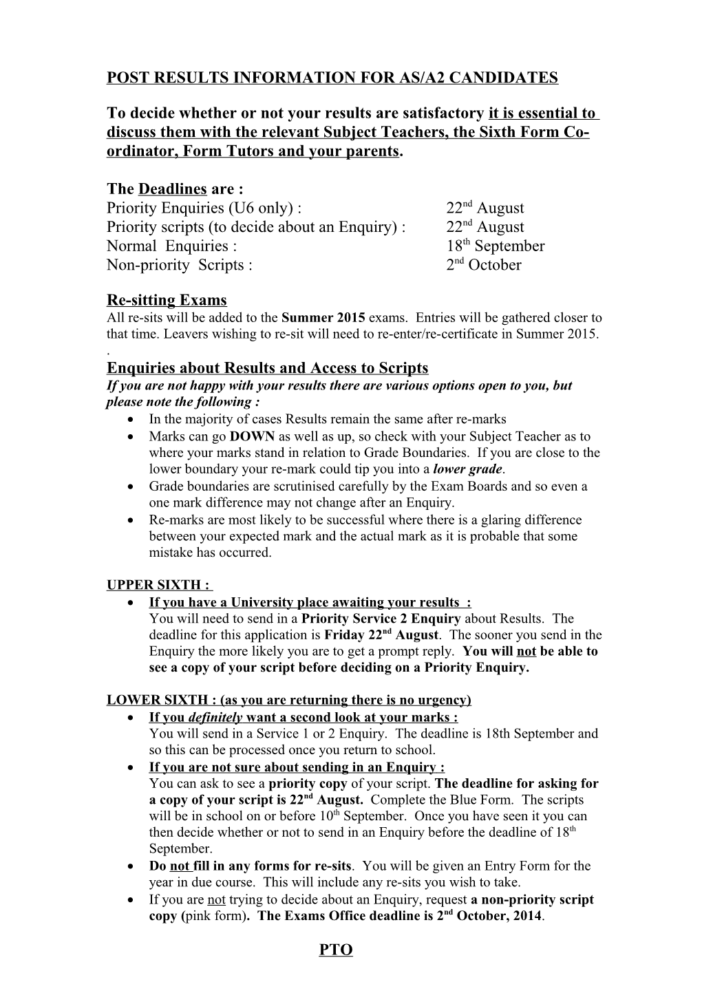 Post Results Information for As/A2 Candidates