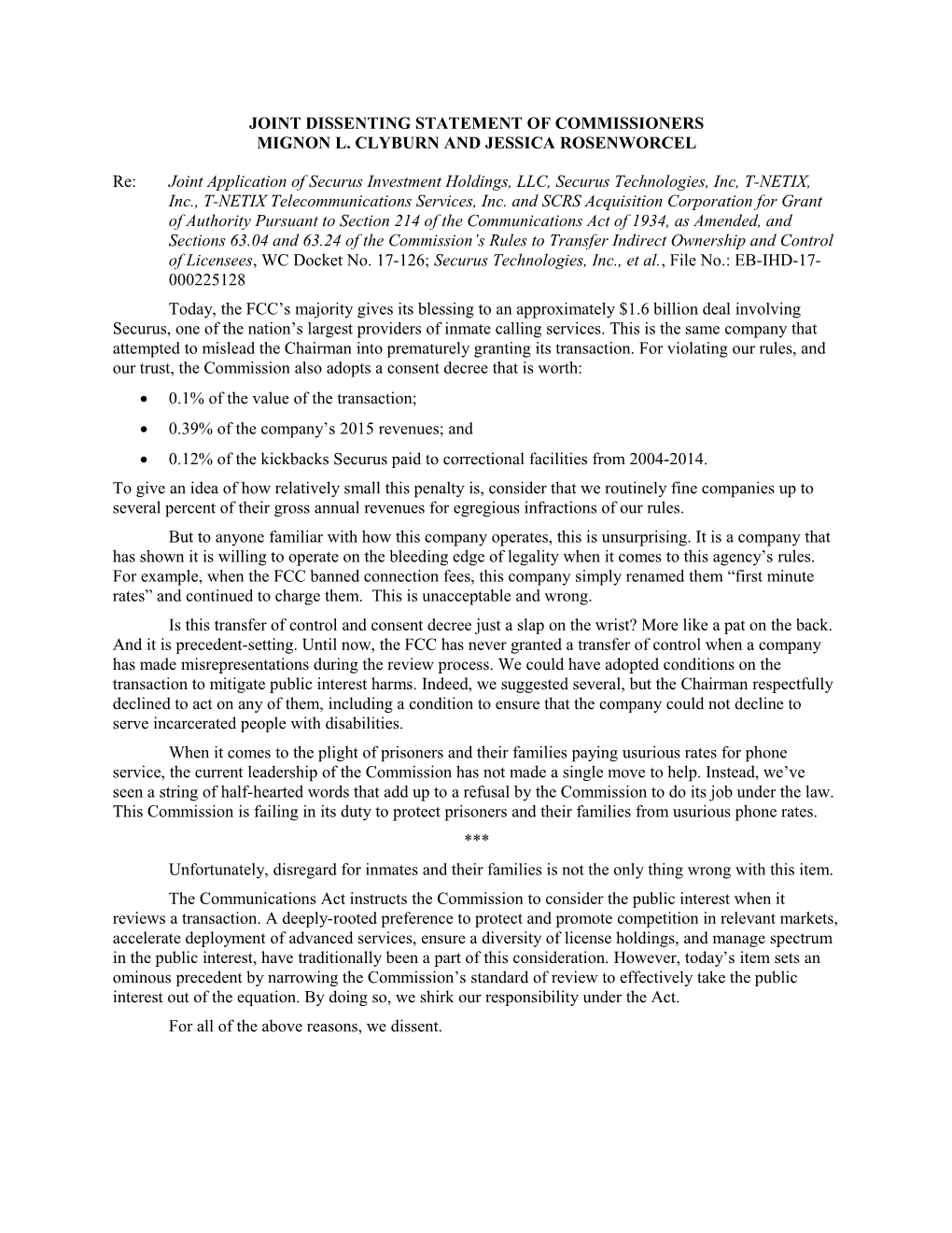 Joint Dissenting Statement Ofcommissioners Mignon L. Clyburn and Jessica Rosenworcel