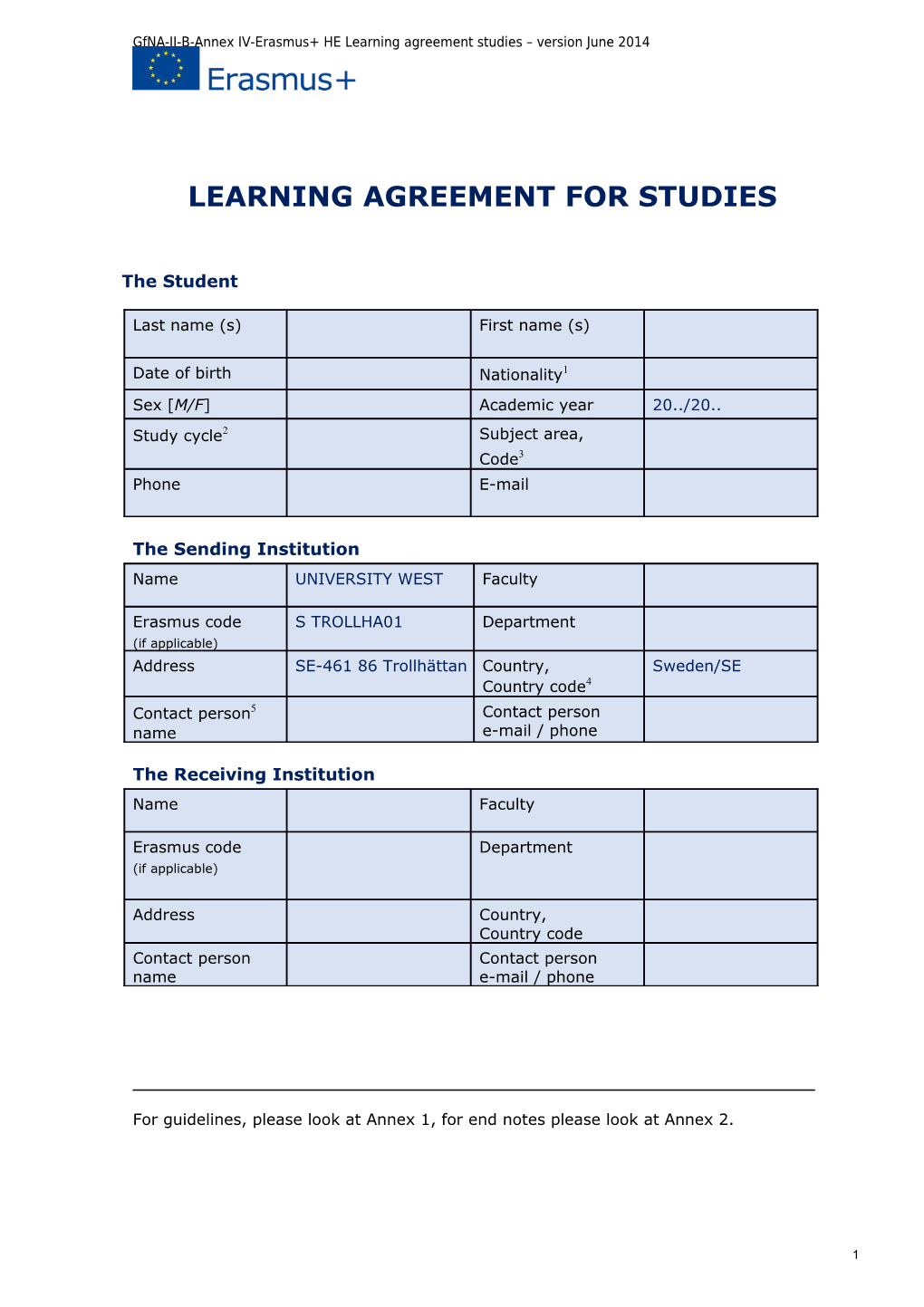Gfna-II-B-Annex IV-Erasmus+ HE Learning Agreement Studies Version June2014