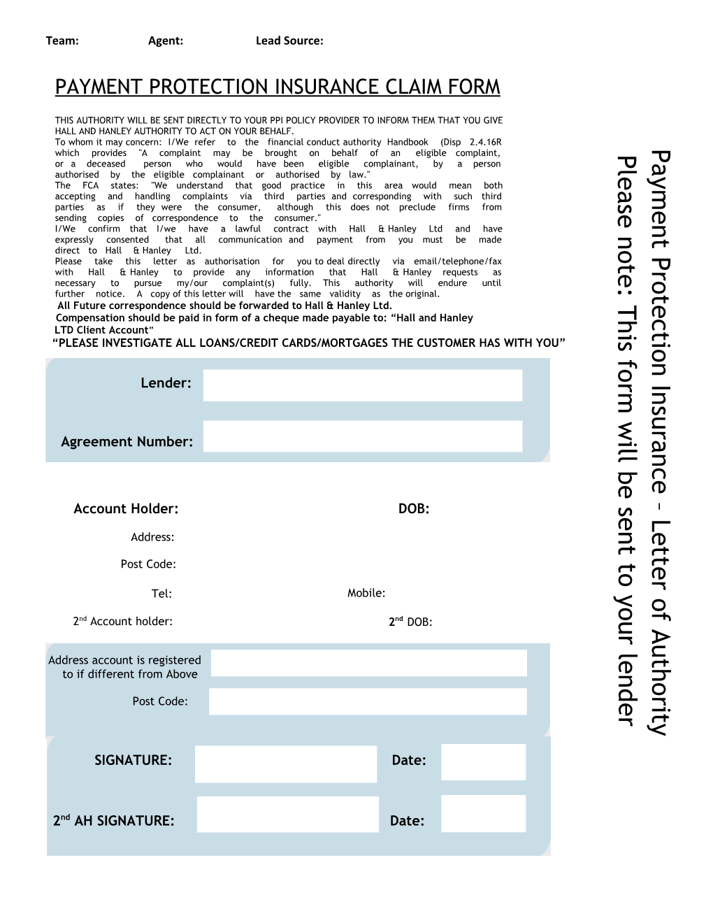Payment Protection Insurance Claim Form