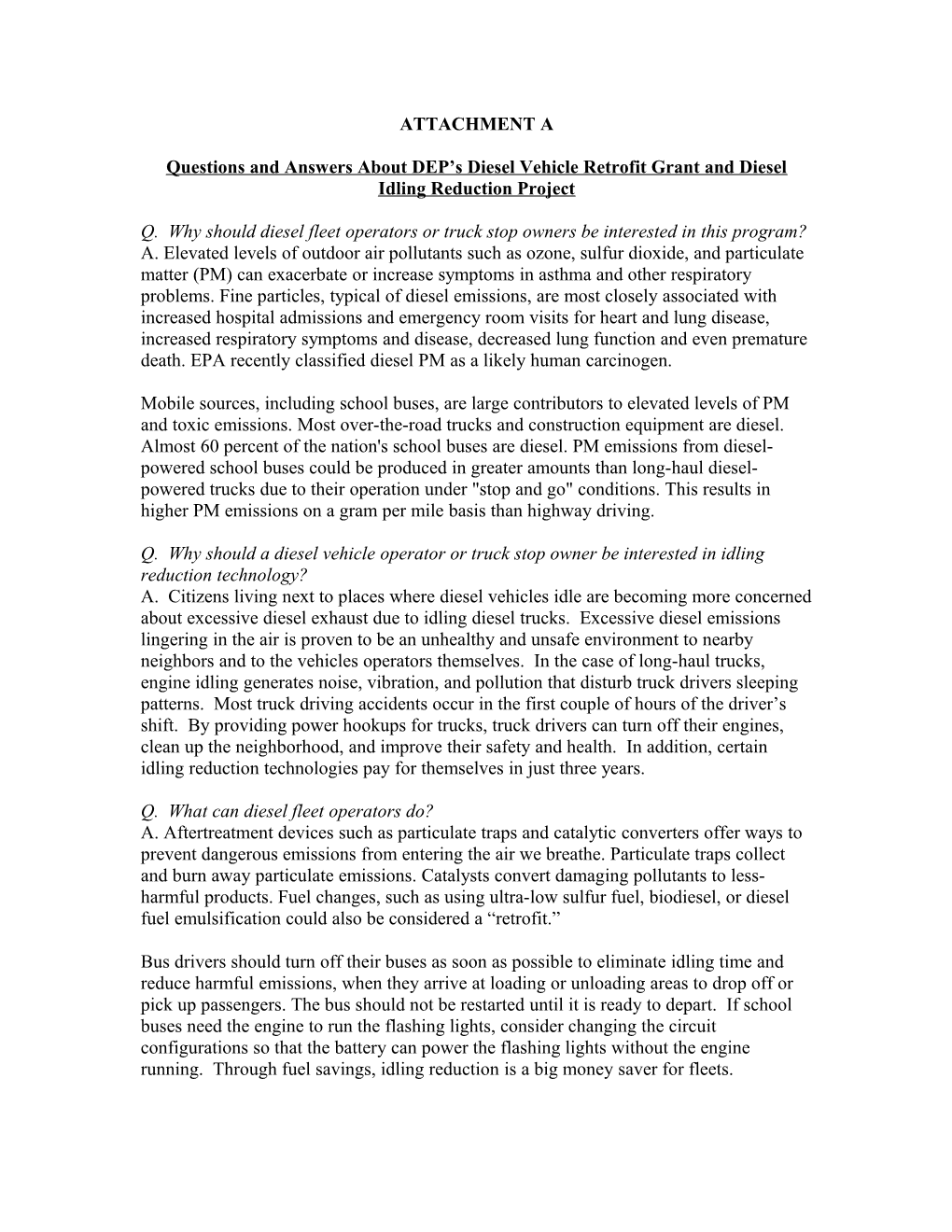 Questions and Answers About DEP S Diesel Vehicle Retrofit Grant and Diesel Idling Reduction