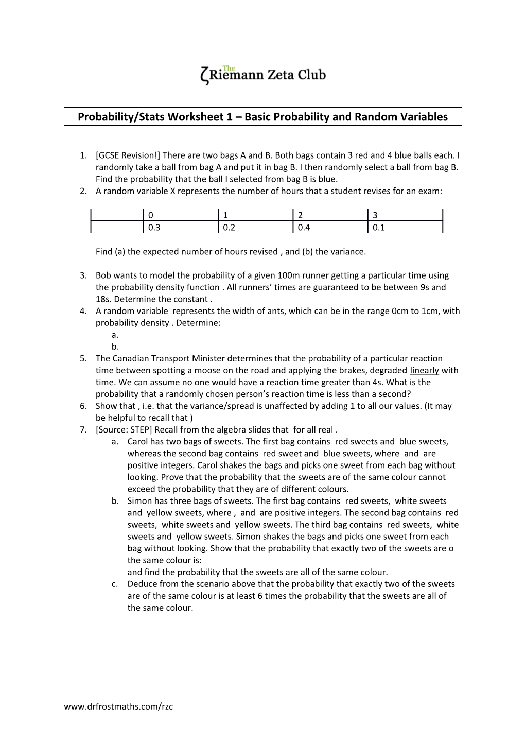 Probability/Stats Worksheet 1 Basic Probability and Random Variables