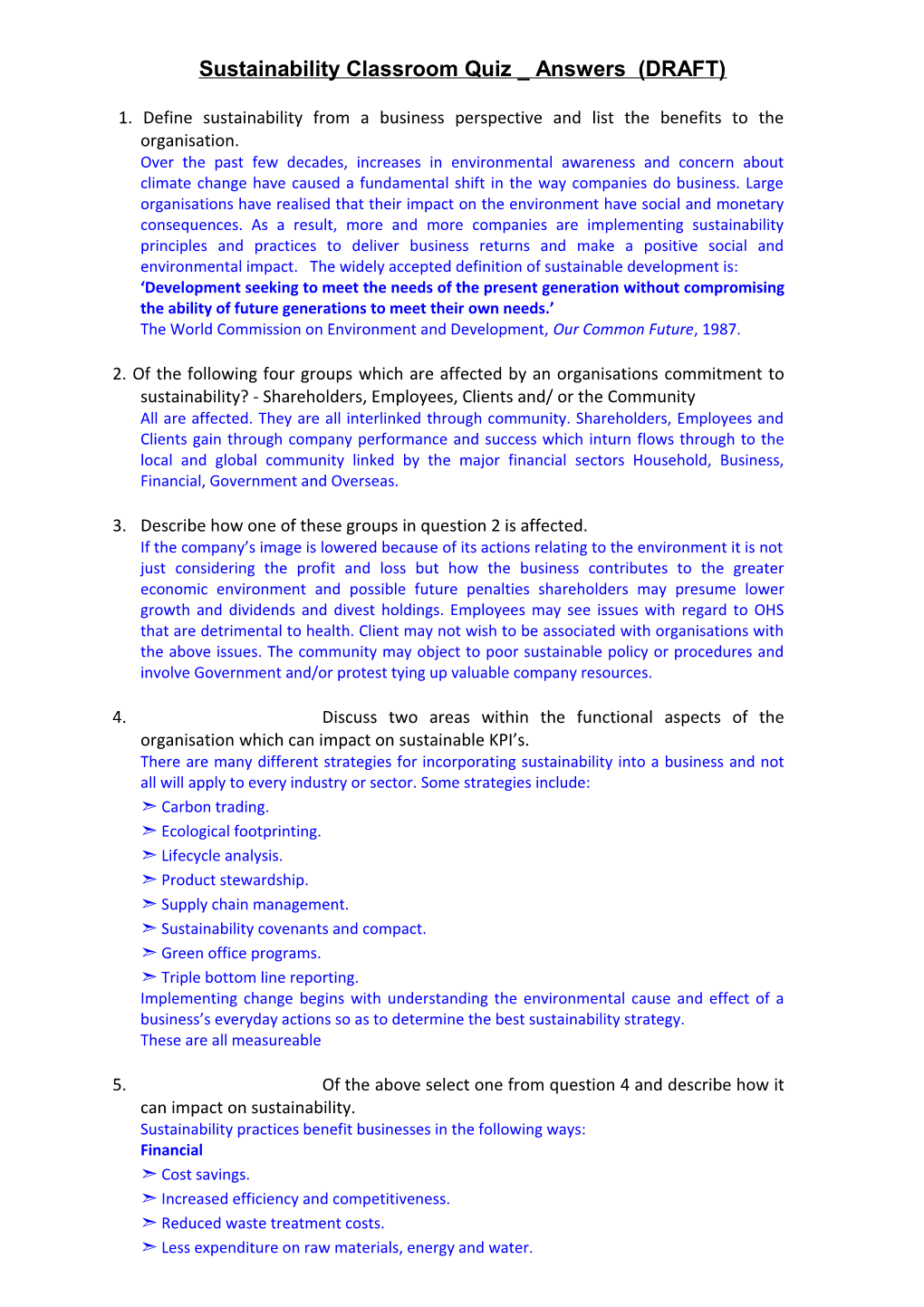 Sustainability Classroom Quiz