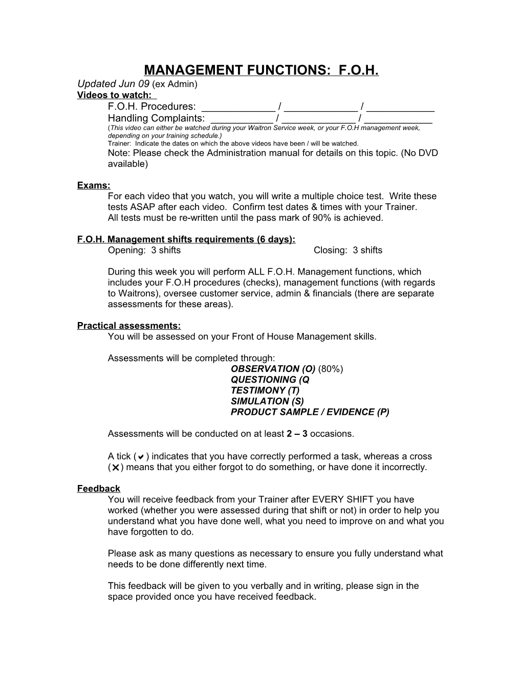 Management Functions: F.O.H