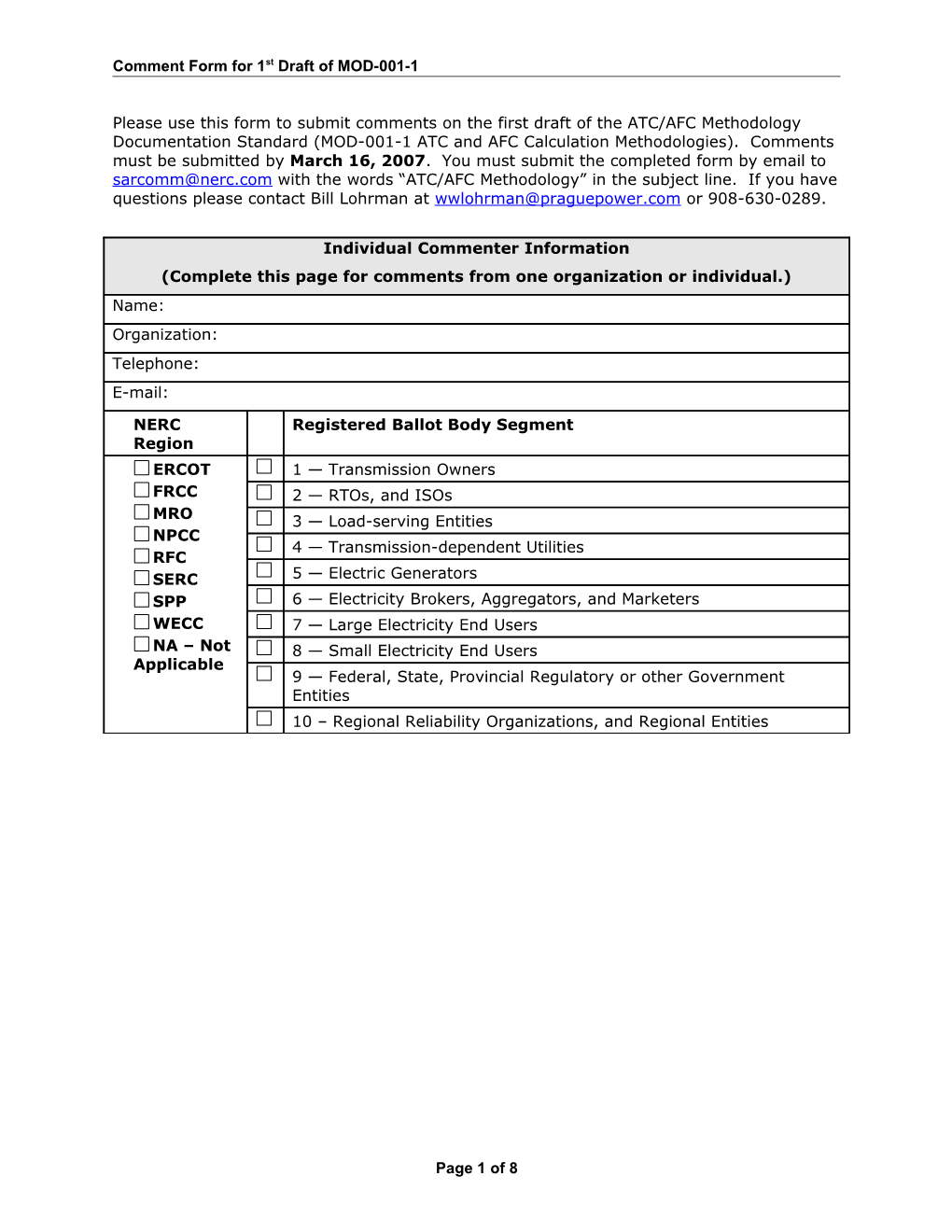 Please Use This Form to Submit Comments on the First Draft of the ATC/TTC Methodology