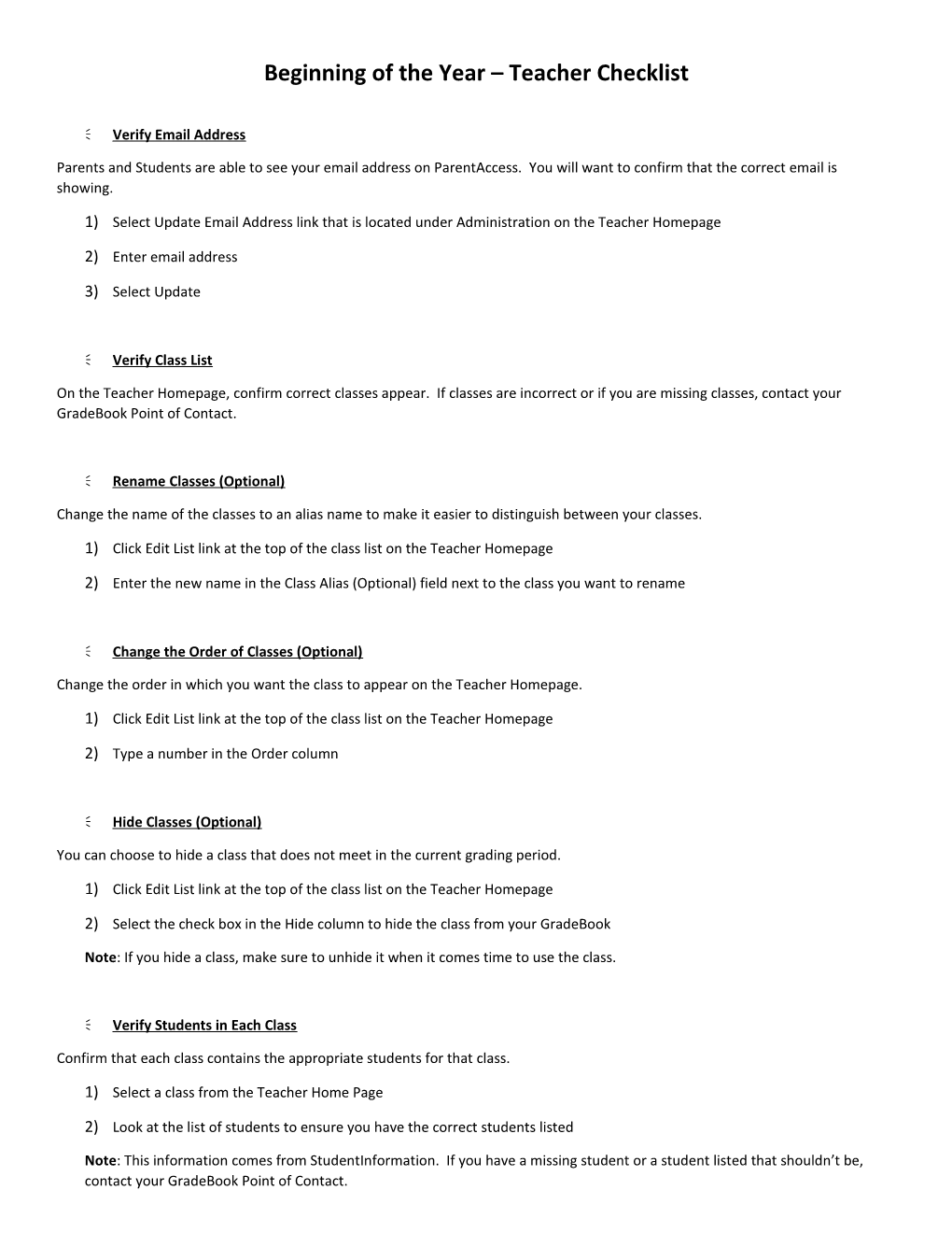 Beginning of the Year Teacher Checklist