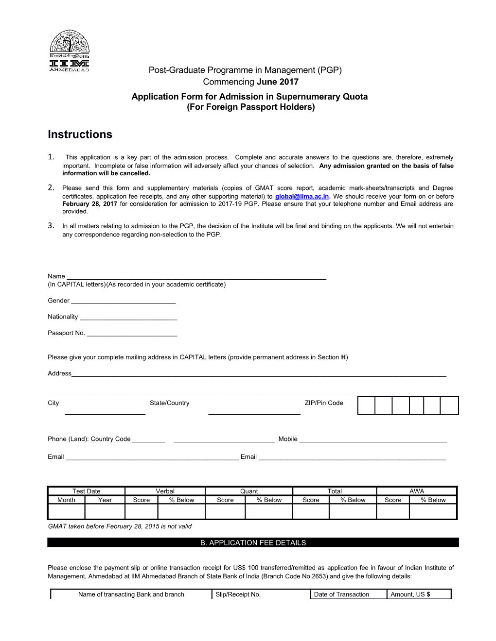 Application Form for Admission in Supernumerary Quota