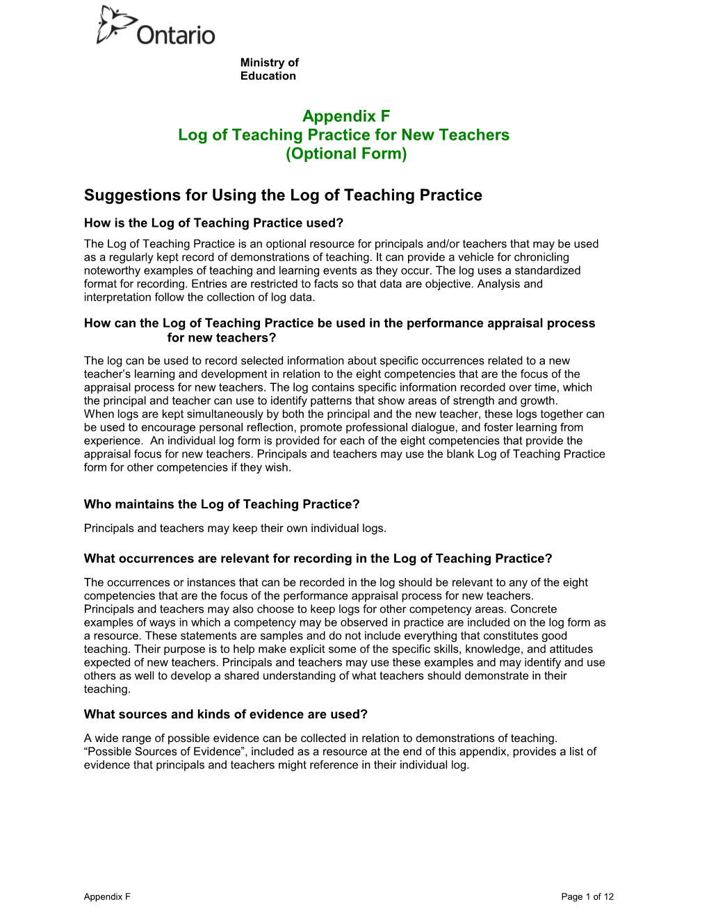 Suggestions for Using the Log of Teaching Practice