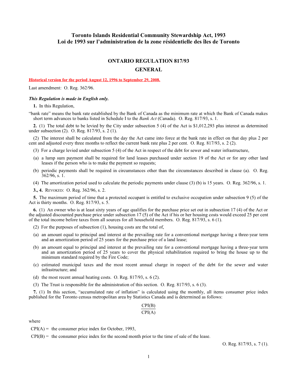 Toronto Islands Residential Community Stewardship Act, 1993 - O. Reg. 817/93