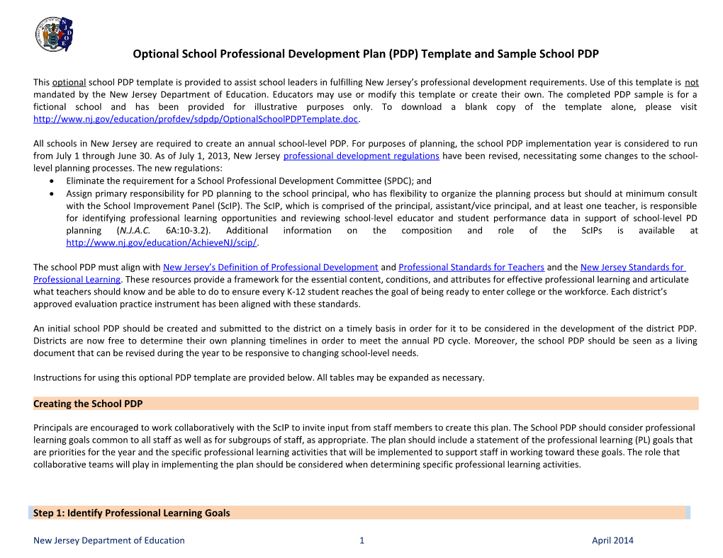 Optional School Professional Development Plan (PDP) Template and Sample School PDP