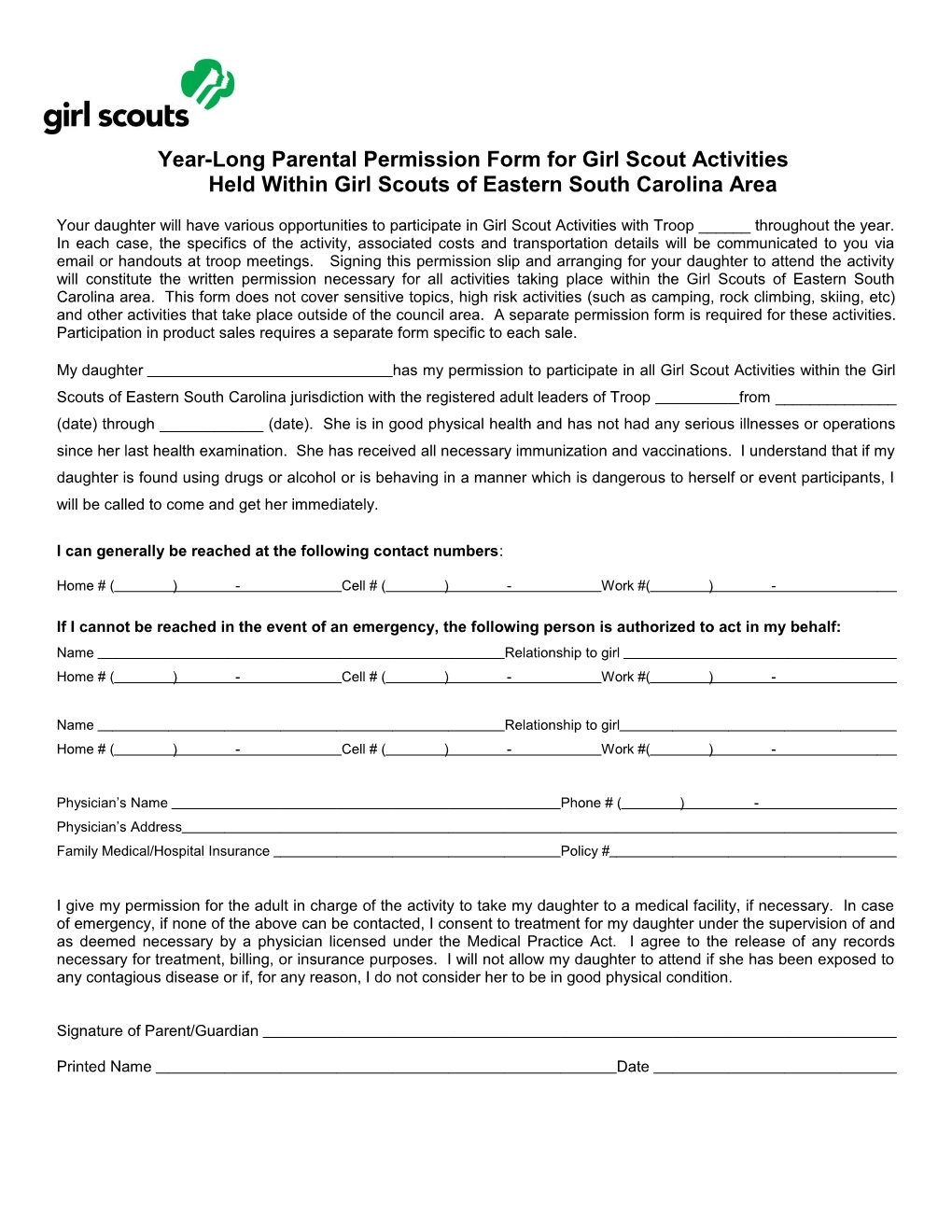 Year-Long Parental Permission Form for Girl Scout Activities