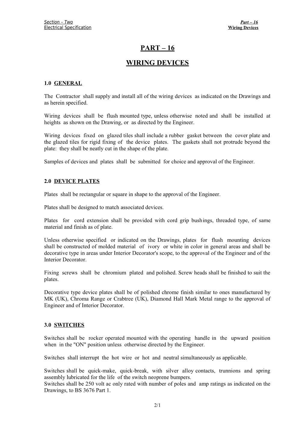 Electrical Specification Wiring Devices