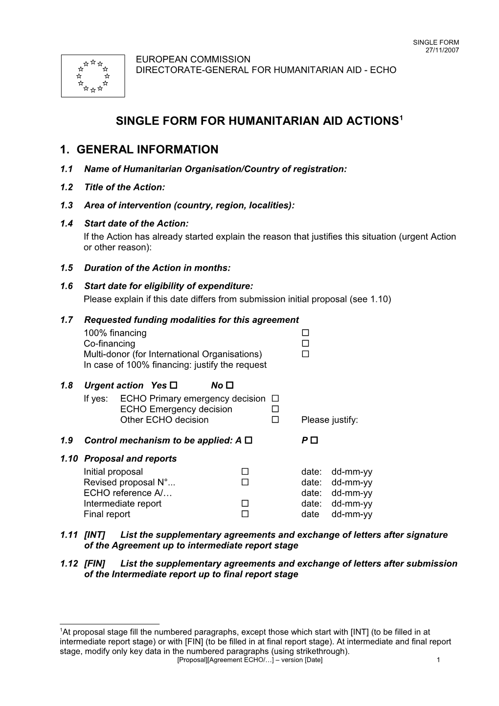 Single Form for Humanitarian Aid Actions