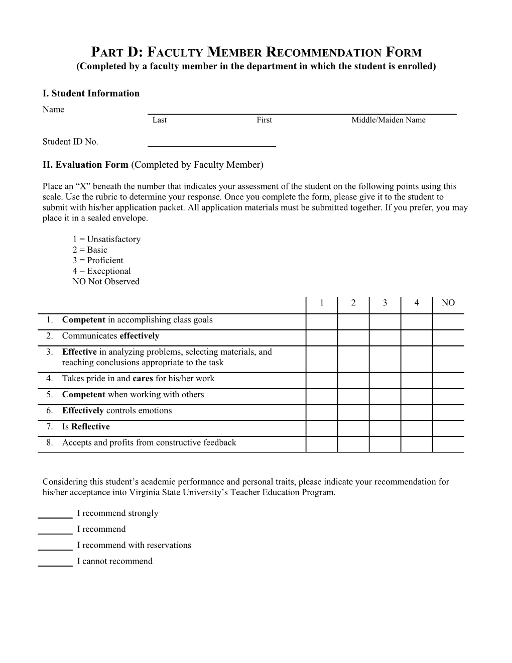 Part D: Faculty Member Recommendation Form