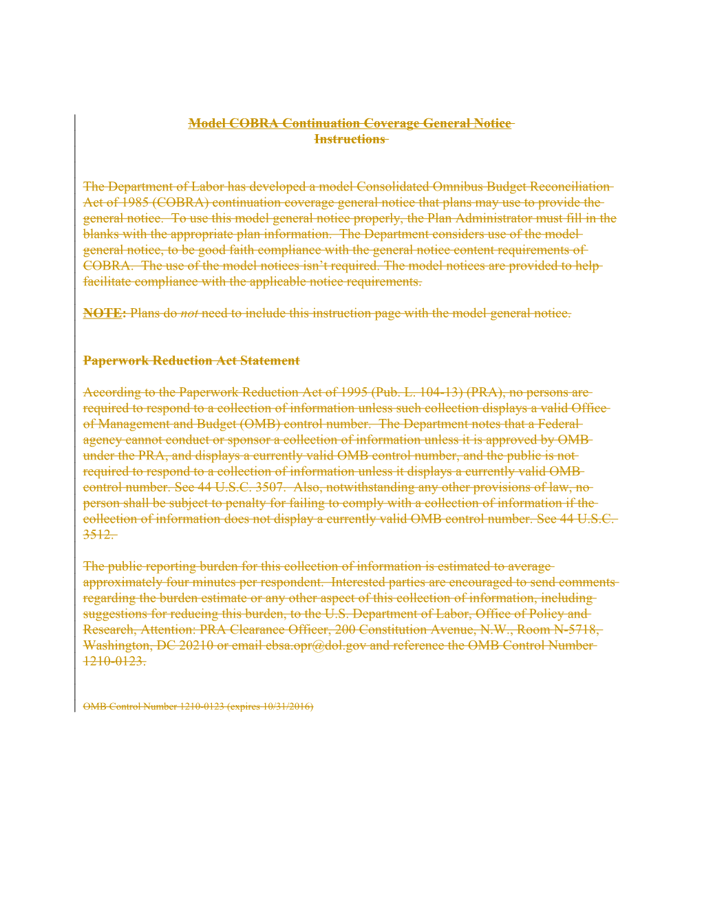 Model COBRA Continuation Coverage General Notice