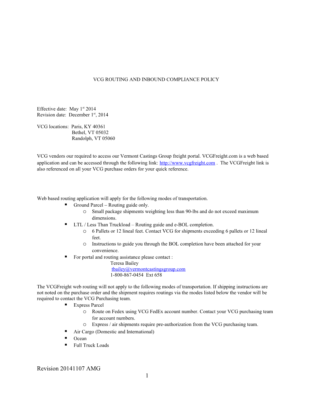 Vcg Routing and Inbound Compliance Policy