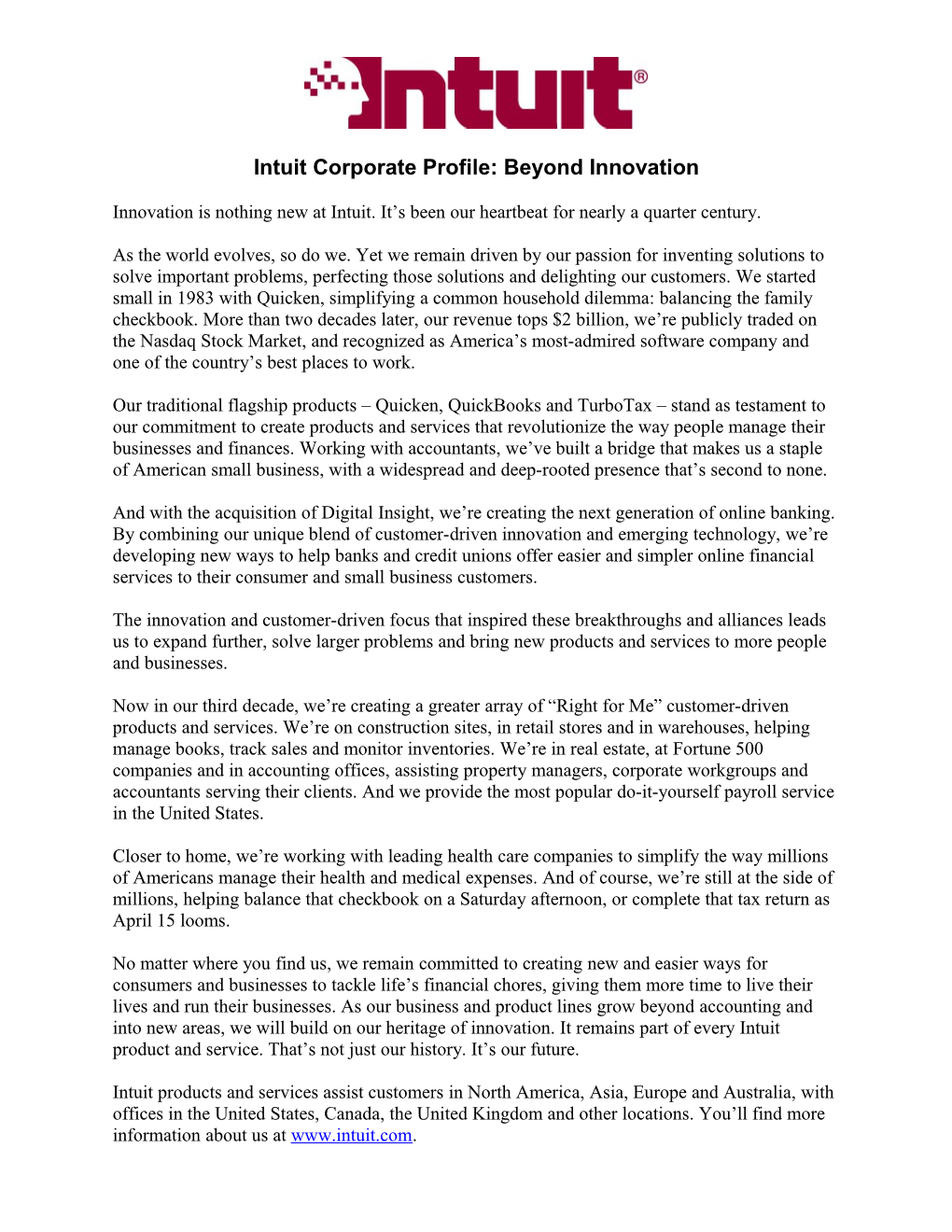 Intuit Corporate Profile: Beyond Innovation