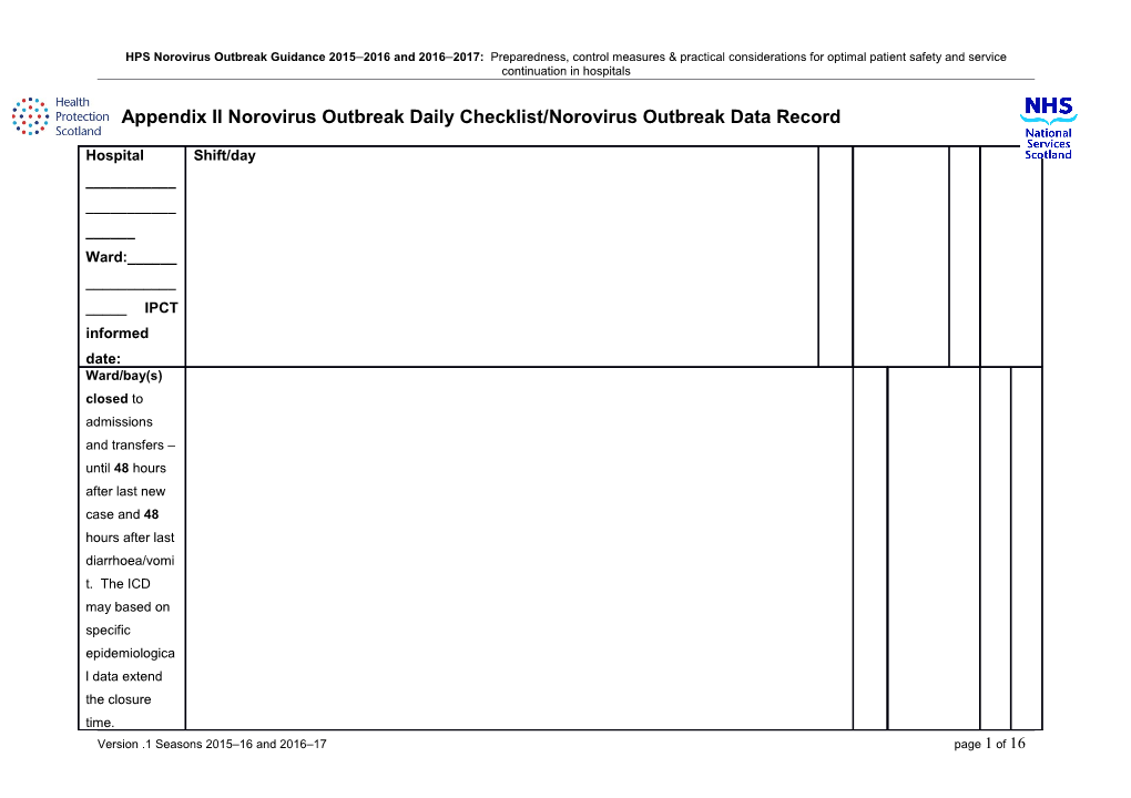 Appendix II Norovirus Outbreak Daily Checklist/Norovirus Outbreak Data Record