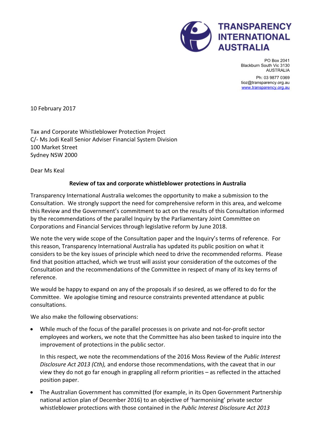 Transparency International Australia - Submission in Response To: Review of Tax and Corporate