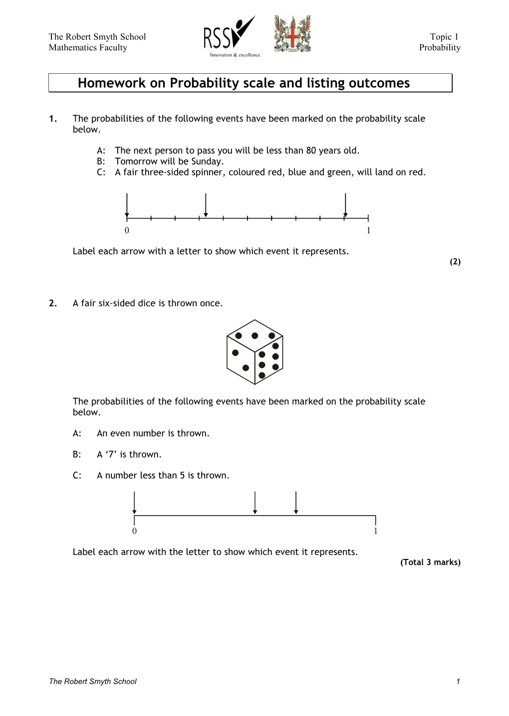 Homework on Probability Scale and Listing Outcomes - Foundation