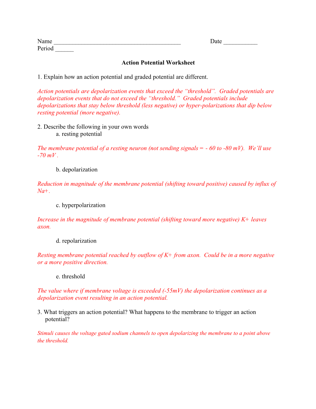 Action Potential Worksheet