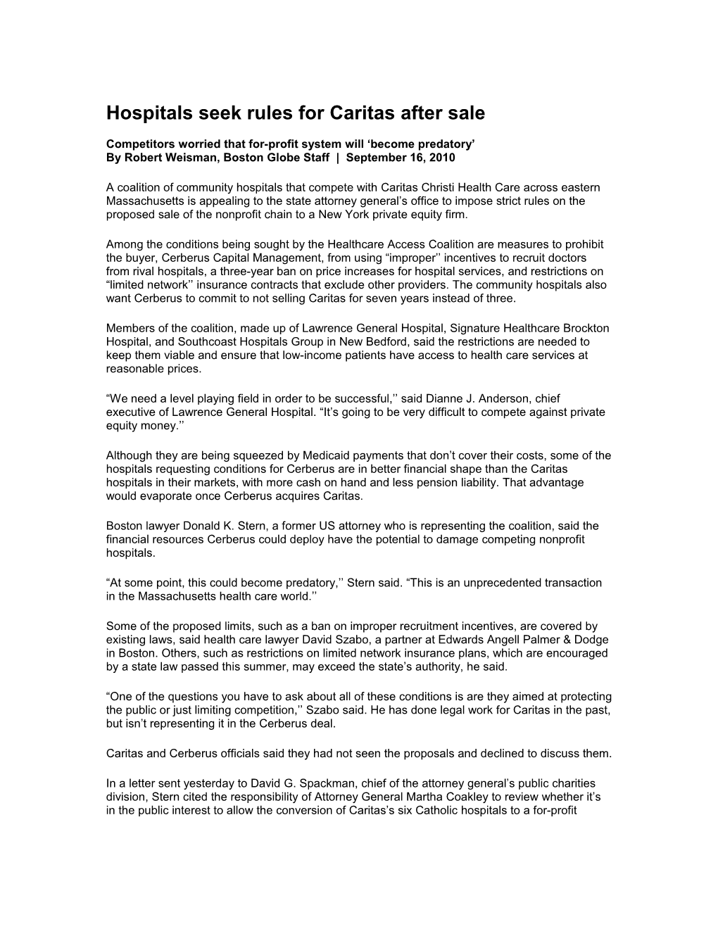 Hospitals Seek Rules for Caritas After Sale