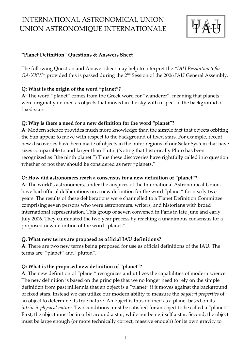 Planet Definition Questions & Answers Sheet