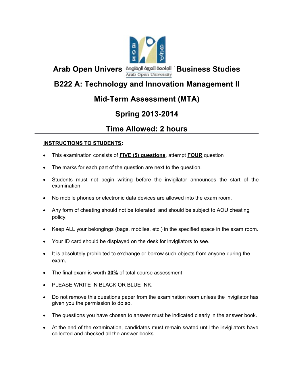 Arab Open University - Faculty of Business Studies