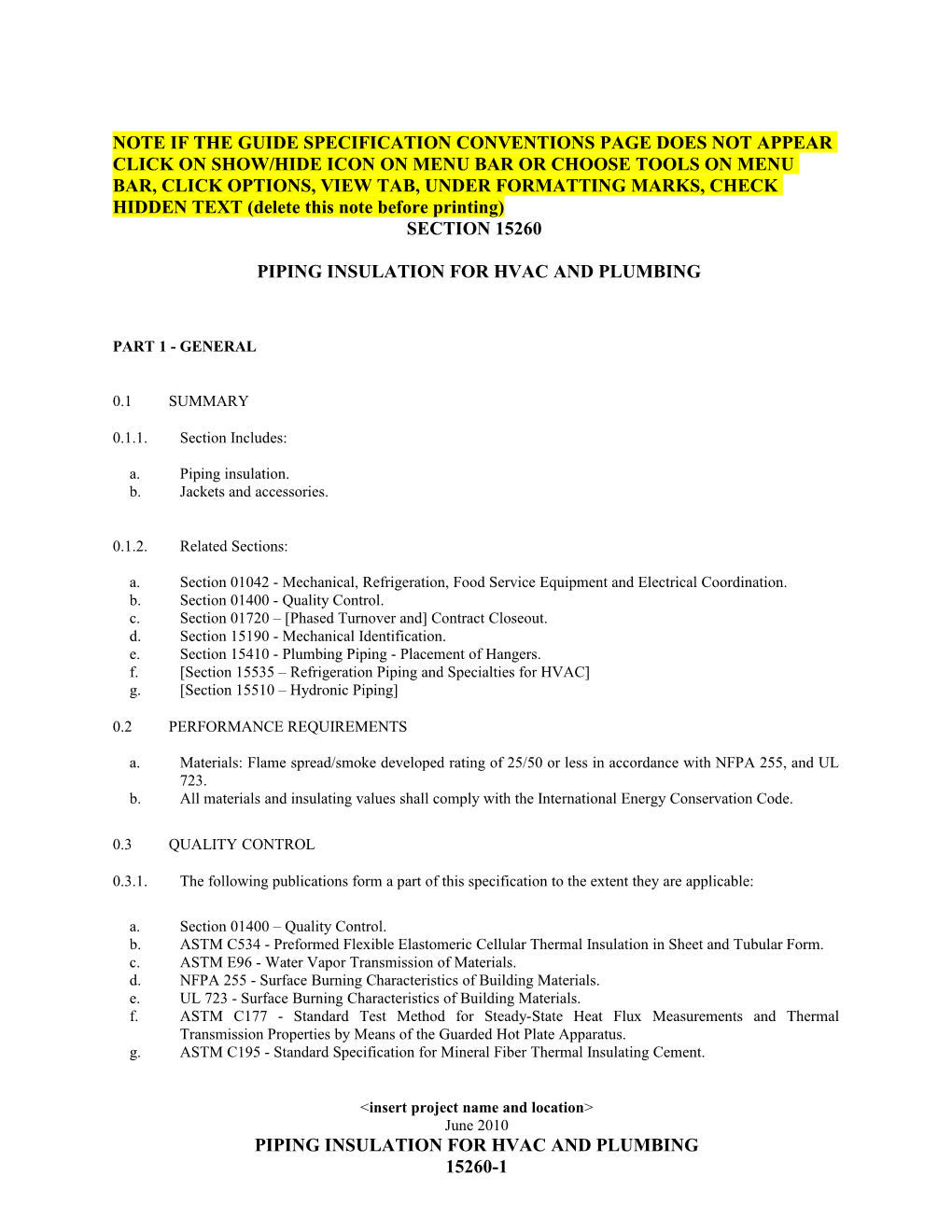 Section 15260-Piping Insulation for Hvac and Plumbing