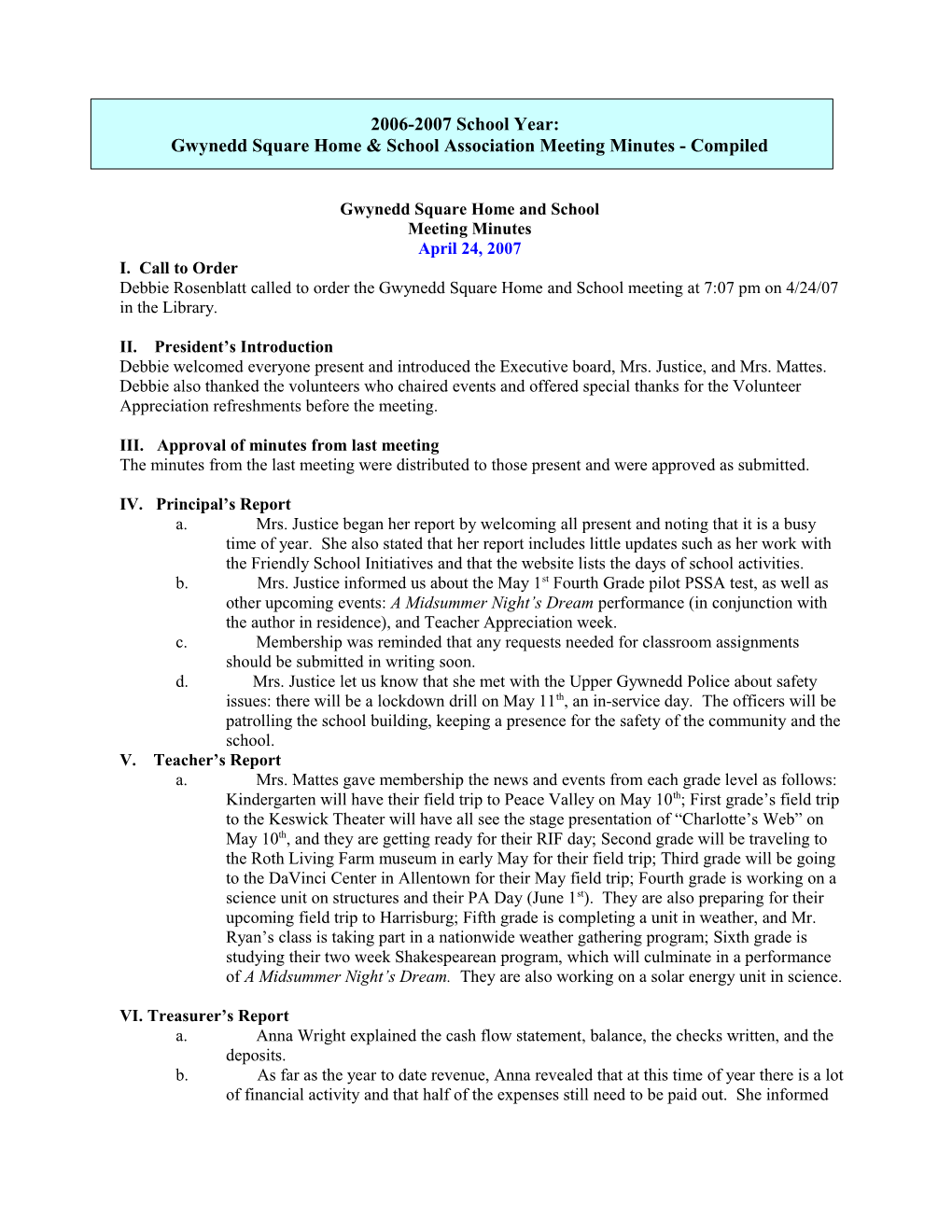 2006-2007 Archived Gwynedd Square Home & School Association Meeting Minutes