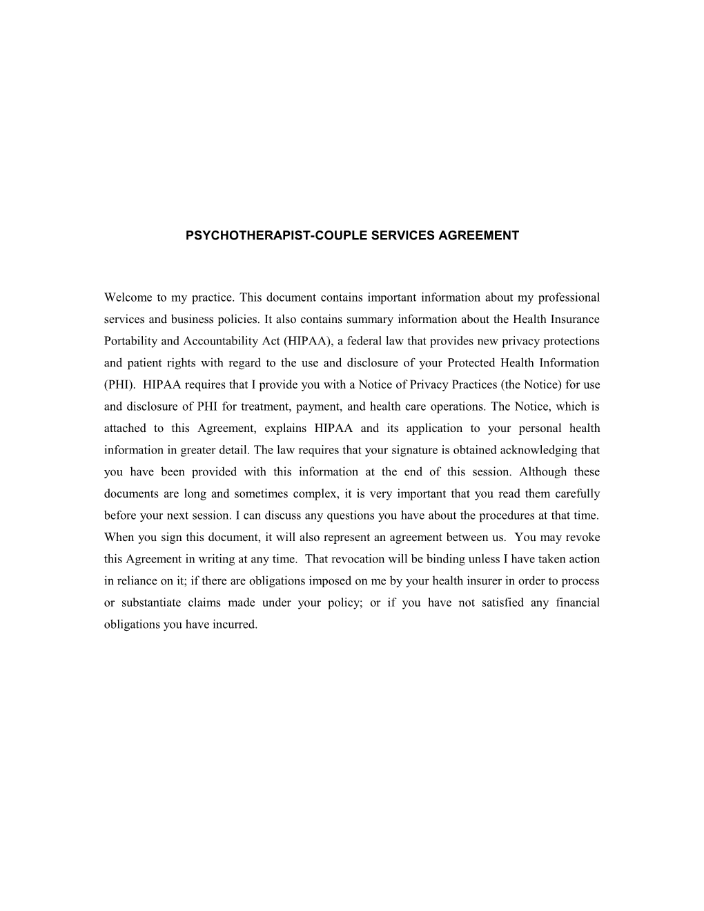 Psychotherapist-Couple Services Agreement
