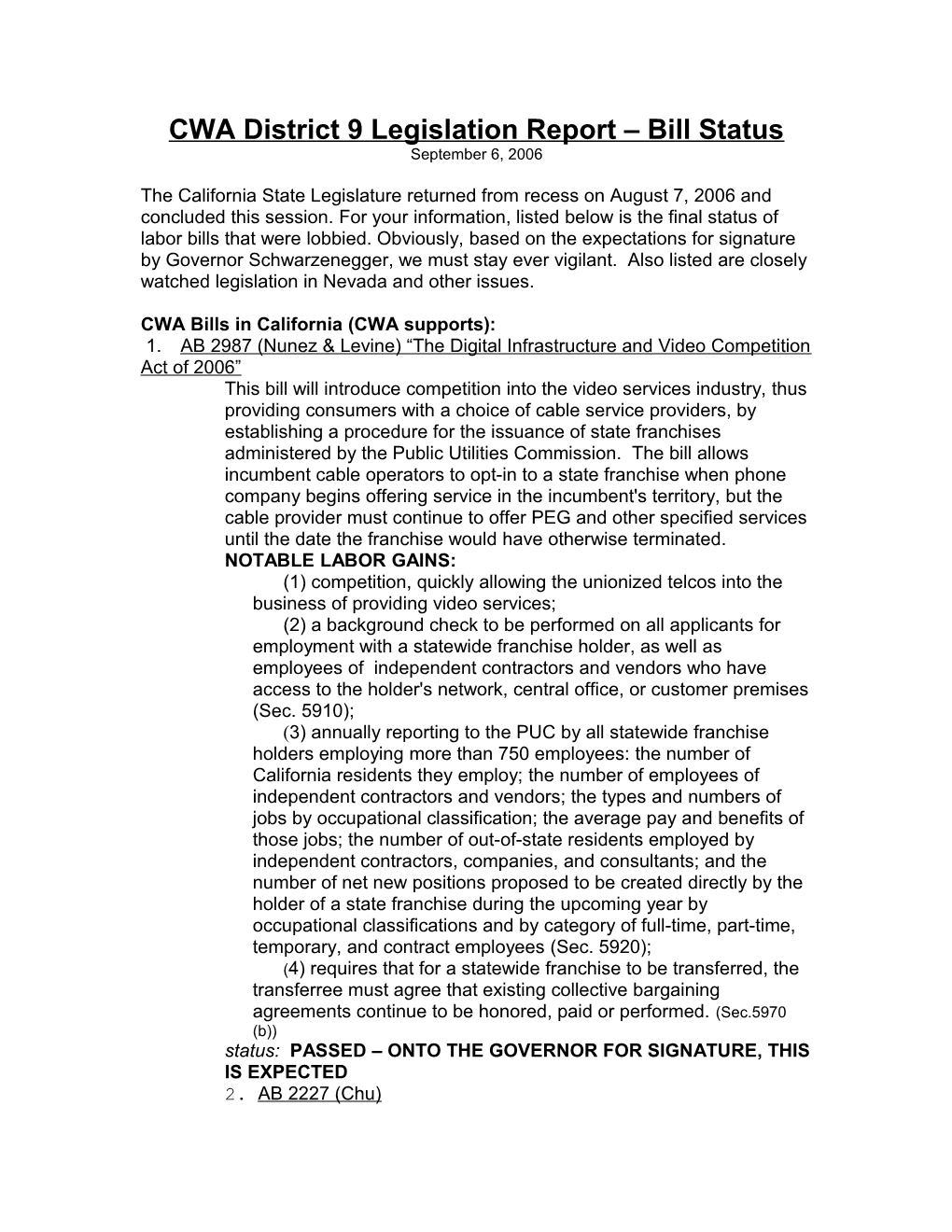 CWA District 9 Legislation Report Bill Status