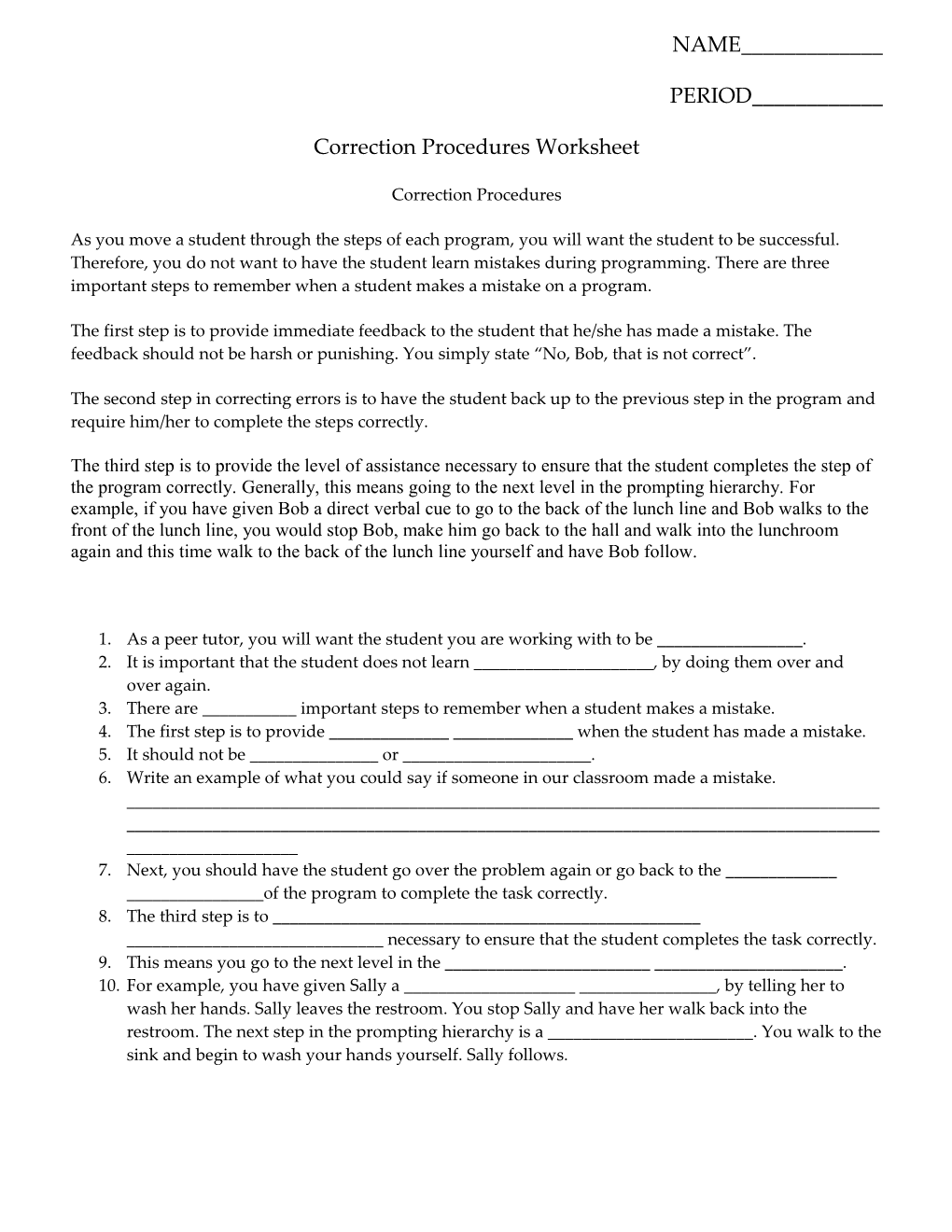 Correction Procedures Worksheet