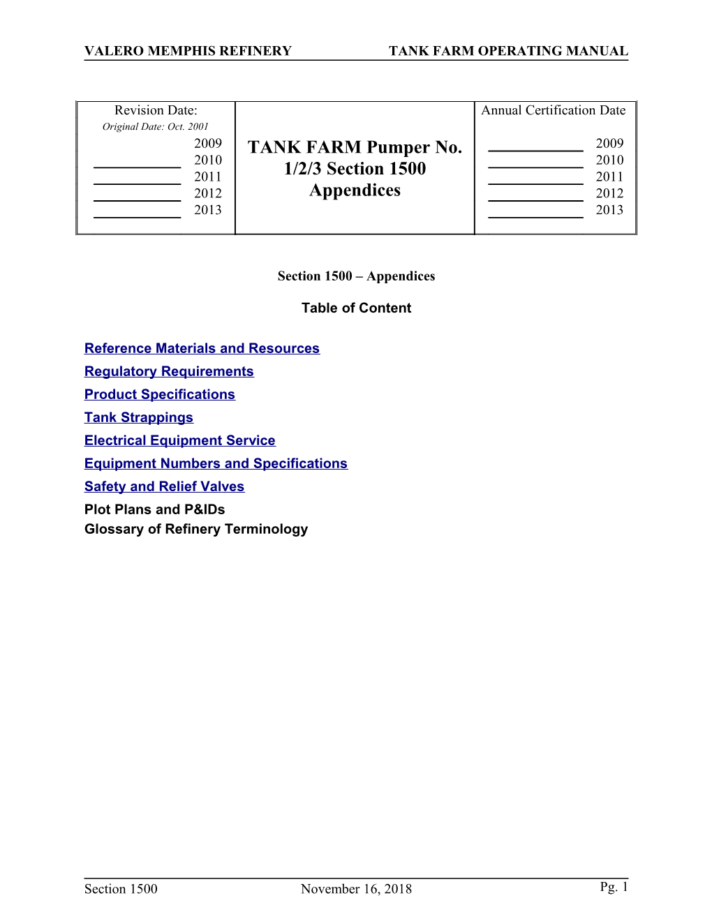 Valero Memphis Refinerytank Farm Operating Manual