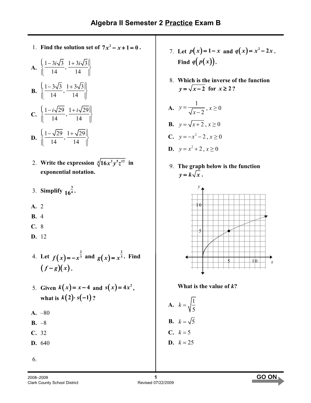 Algebra Iisemester 2 Practiceexam B