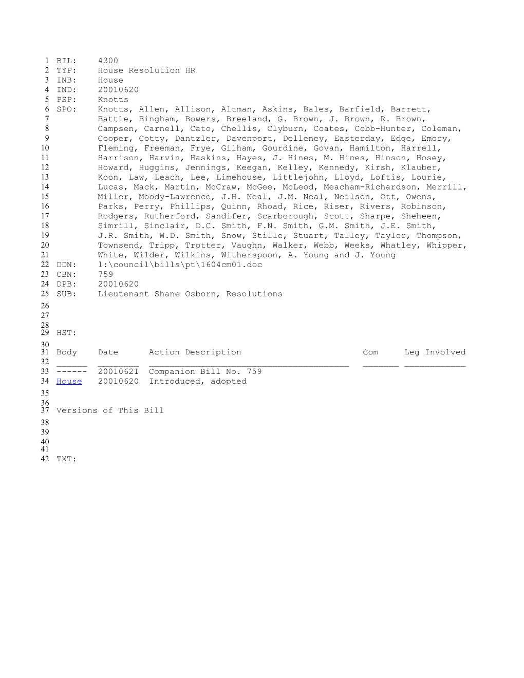2001-2002 Bill 4300: Lieutenant Shane Osborn, Resolutions - South Carolina Legislature Online