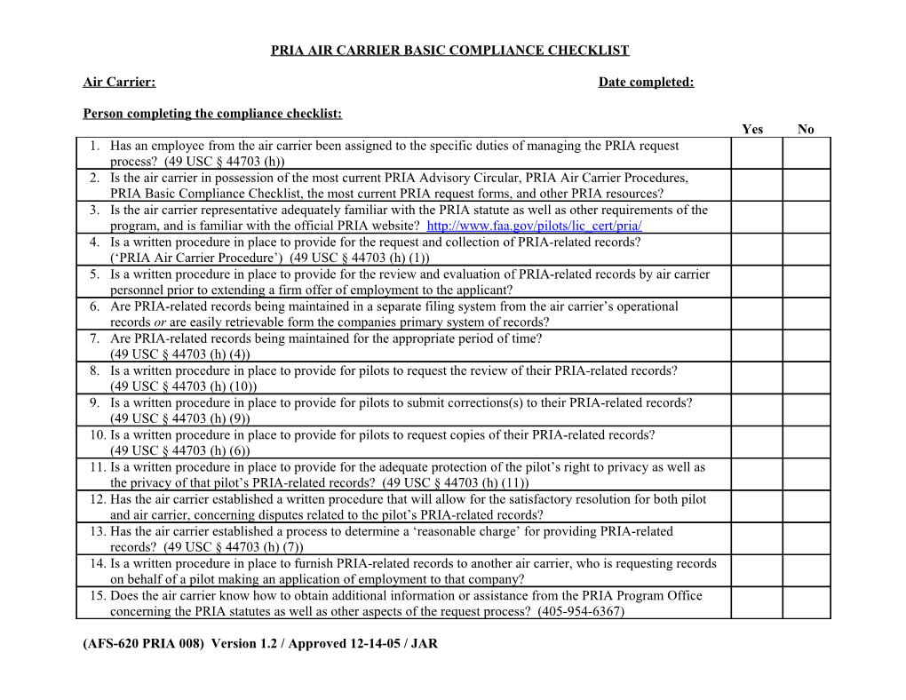 Pria Air Carrier Inspection Checklist