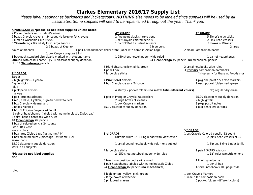 Clarkes Elementary 2011/12 Supply List