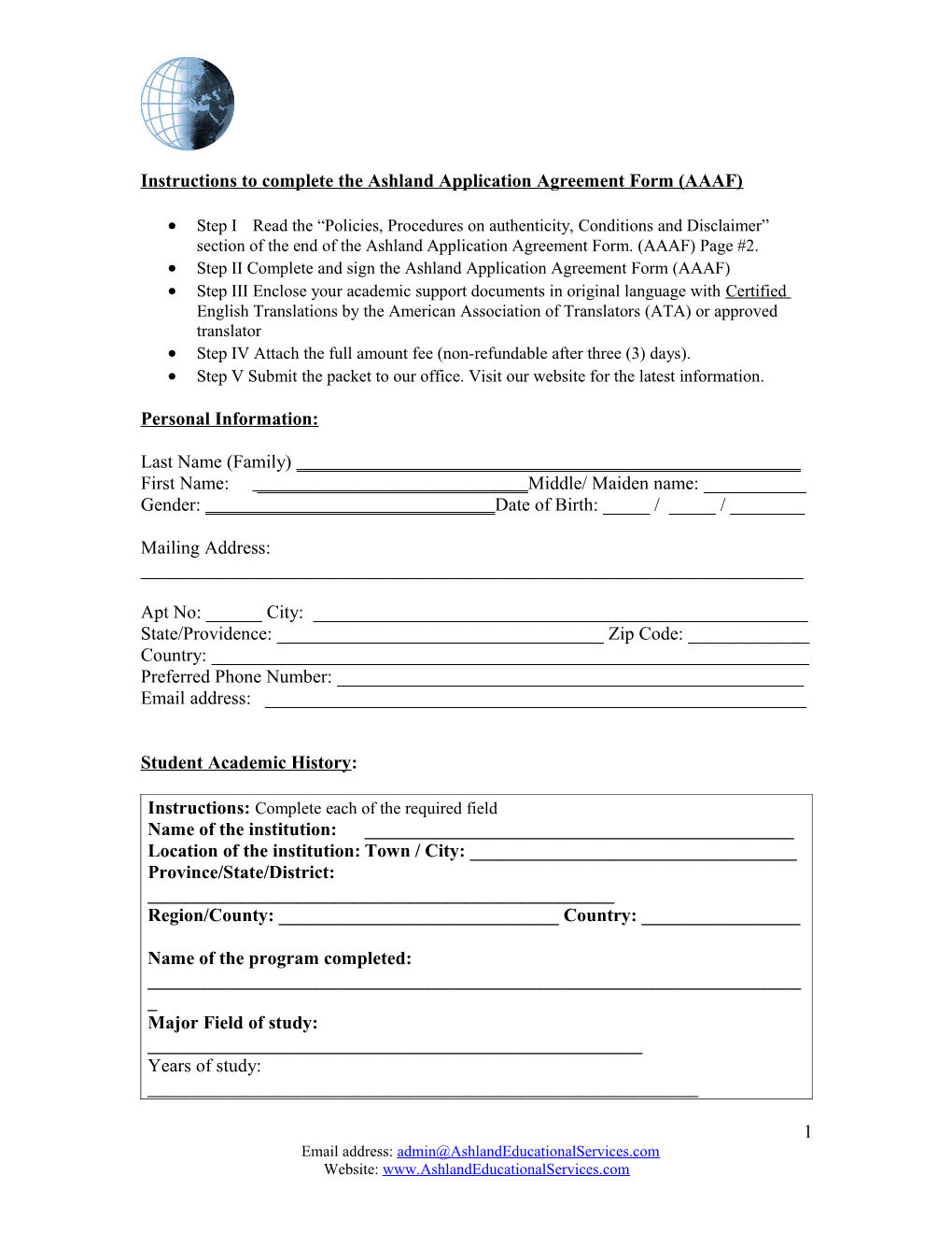 Application Agreement Form