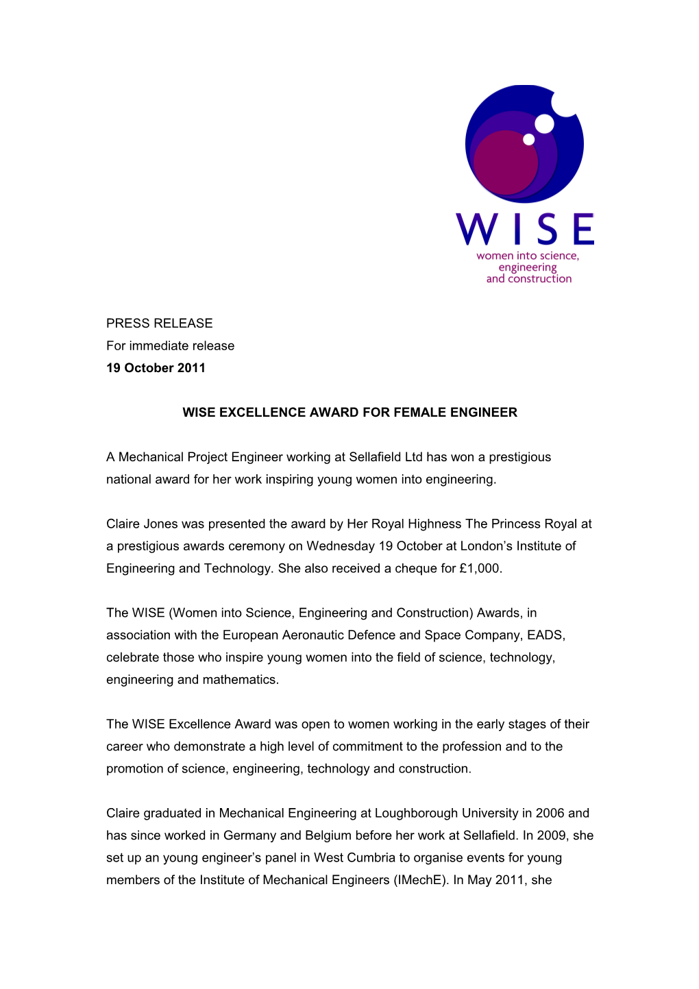 Wise Excellence Award for Female Engineer