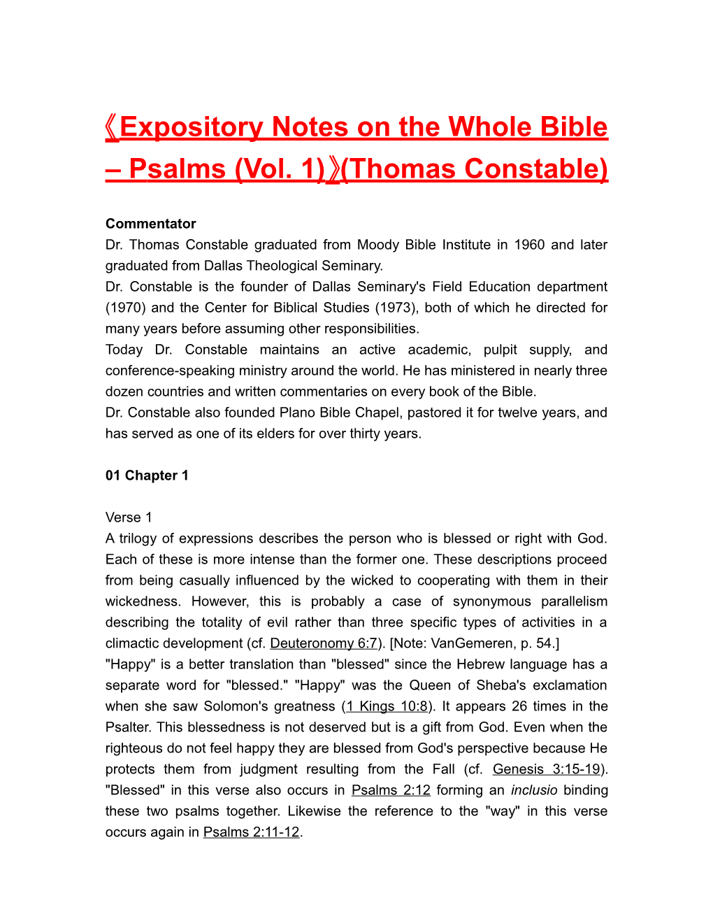 Expository Notes on the Whole Bible Psalms (Vol. 1) (Thomas Constable)