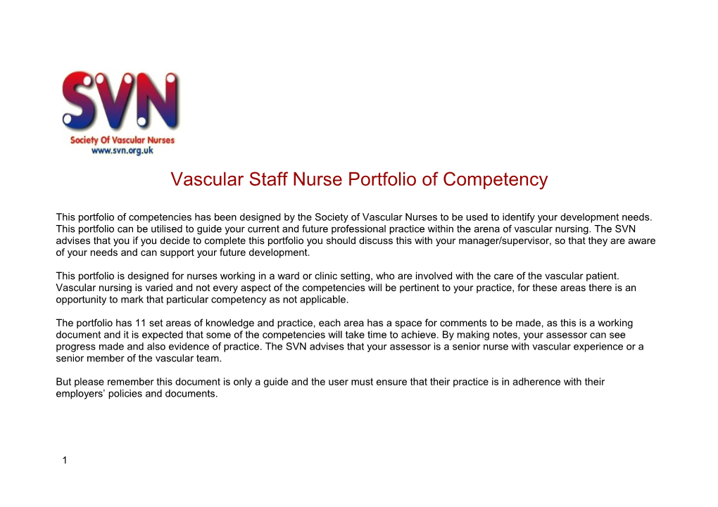 Vascular Staff Nurse Portfolio of Competency