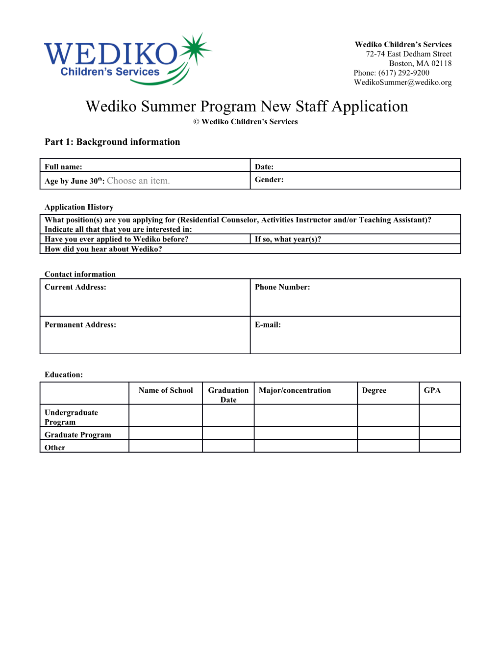 Wediko Children S Services Staff Application Summer Program