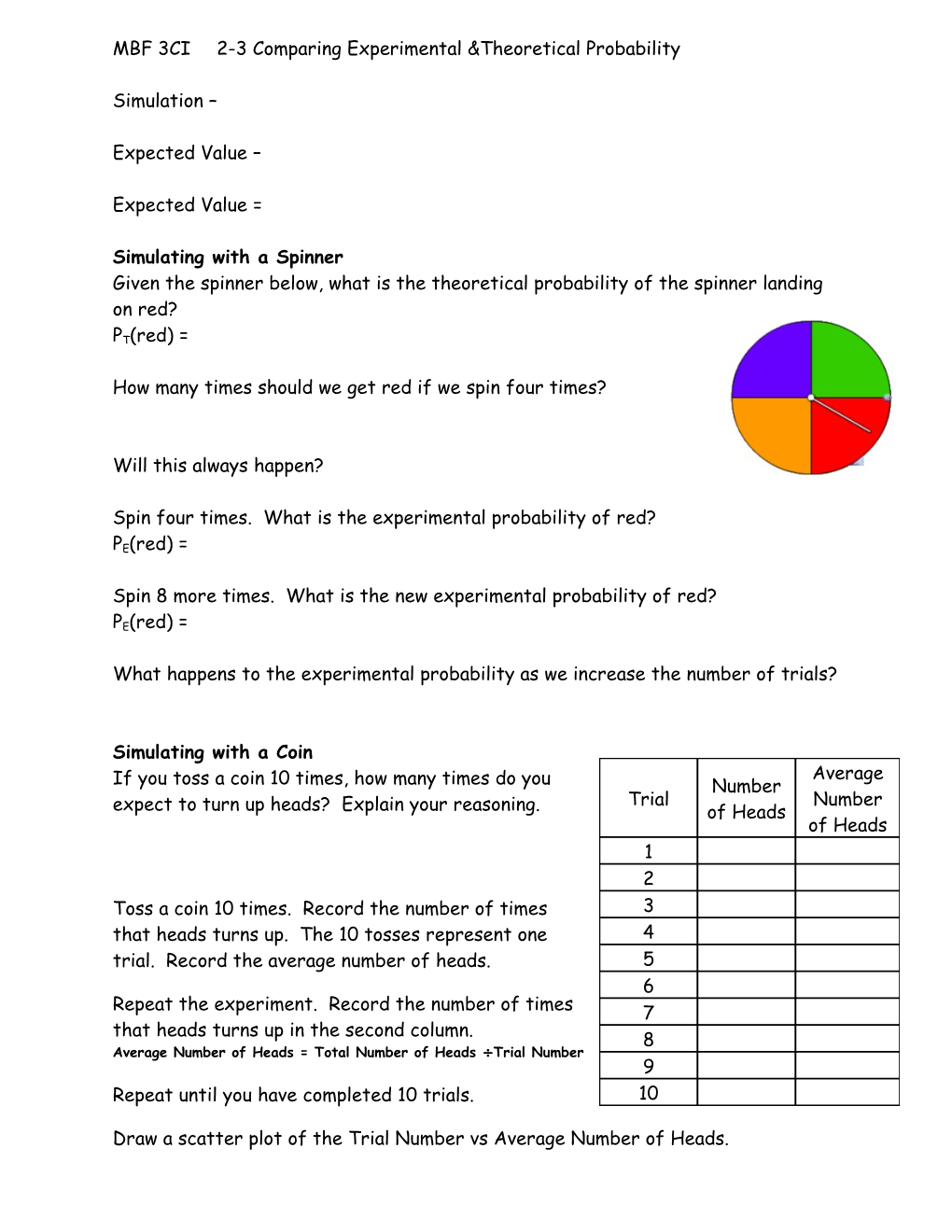 MBF 3CI2-3 Comparing Experimental &Theoretical Probability