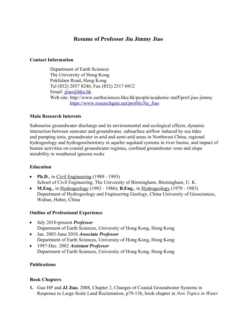 Resume of Professorjiu Jimmy Jiao