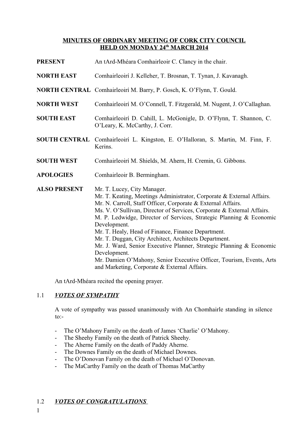 Minutes of Ordinary Meeting of Cork City Council