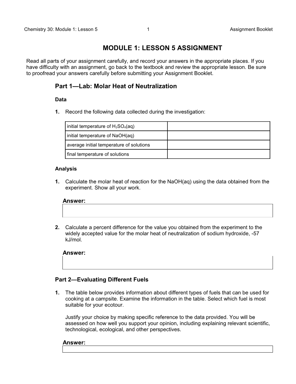 Chemistry 30: Module 1: Lesson 51Assignment Booklet