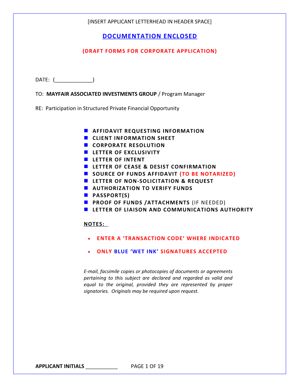 DRAFT Forms for CORPORATE APPLICATION