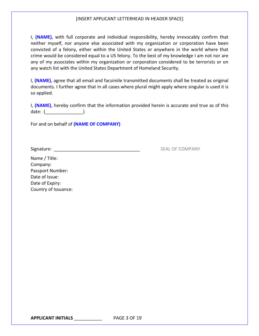 DRAFT Forms for CORPORATE APPLICATION