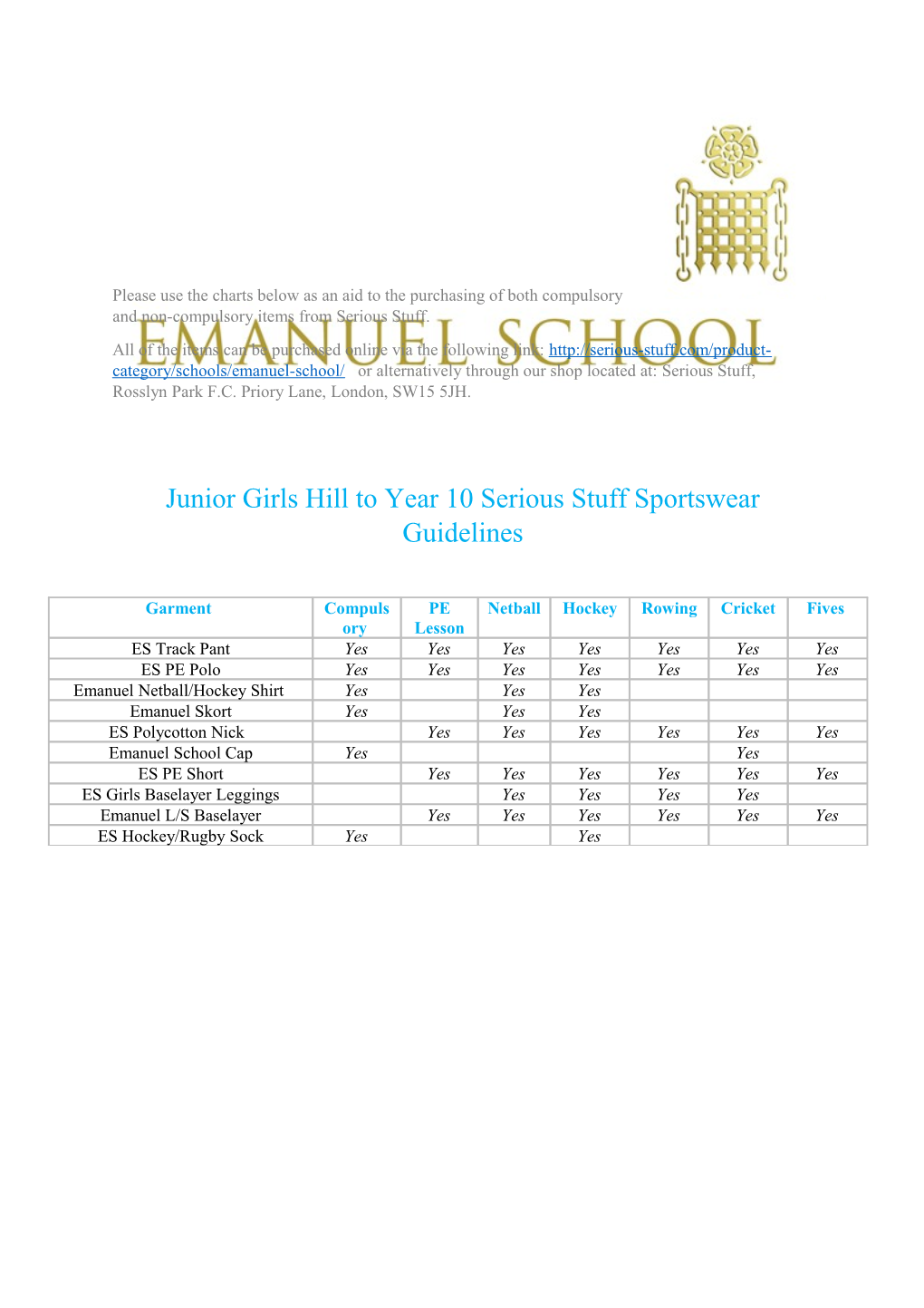 Junior Girls Hill to Year 10 Serious Stuff Sportswear Guidelines